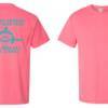 Coral colored tee with blue print on front and back