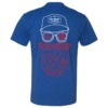 Blue shirt with red and white Red Beard artwork on back
