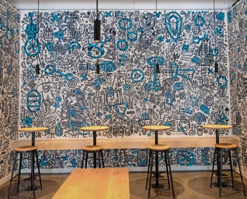 Detailed blue, grey and white mural