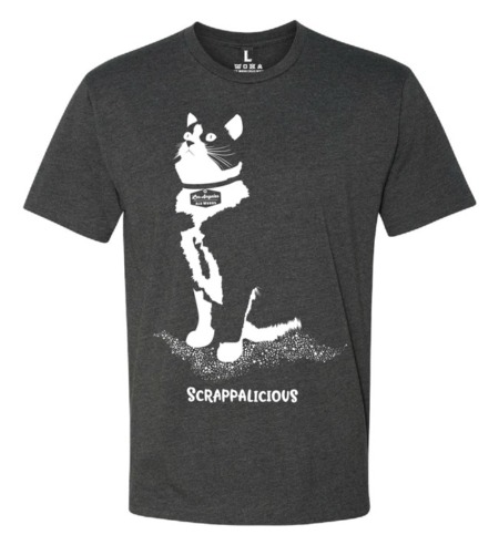 Black tshirt with Scrappy the cat printed on front