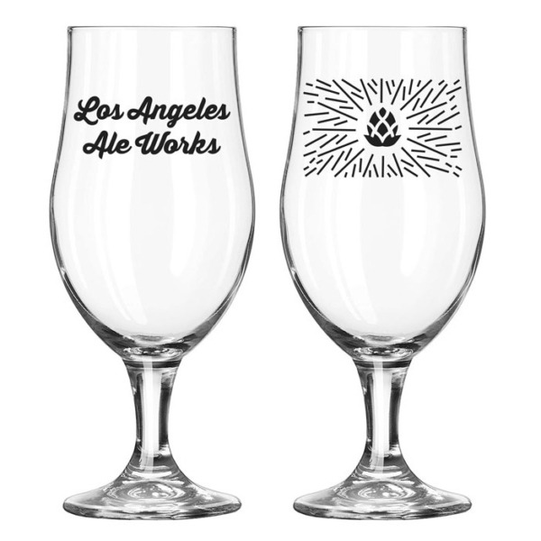 Glassware with Los Angeles Ale Works logo and artwork printed