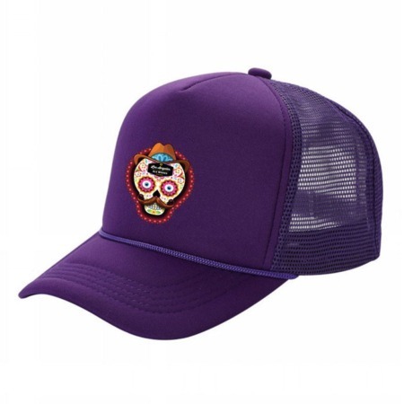 Purple foam trucker hat with Dead Cowboy logo printed