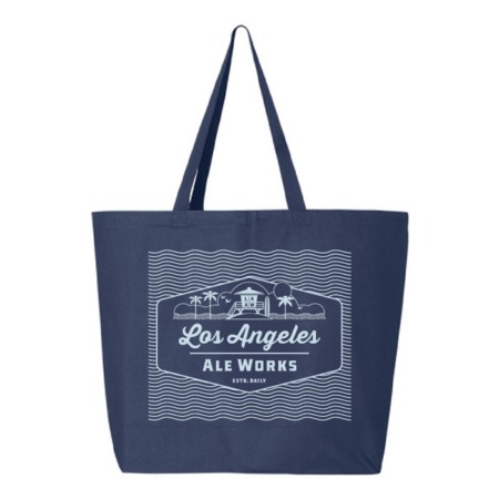 Navy blue tote with LA Ale Works logo printed in light blue.