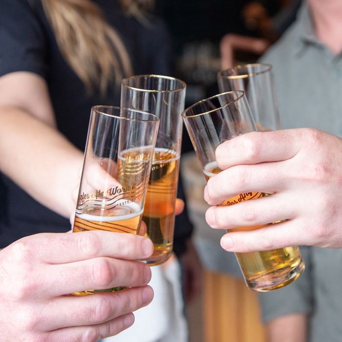 Closeup of group of people toasting with beer glasses